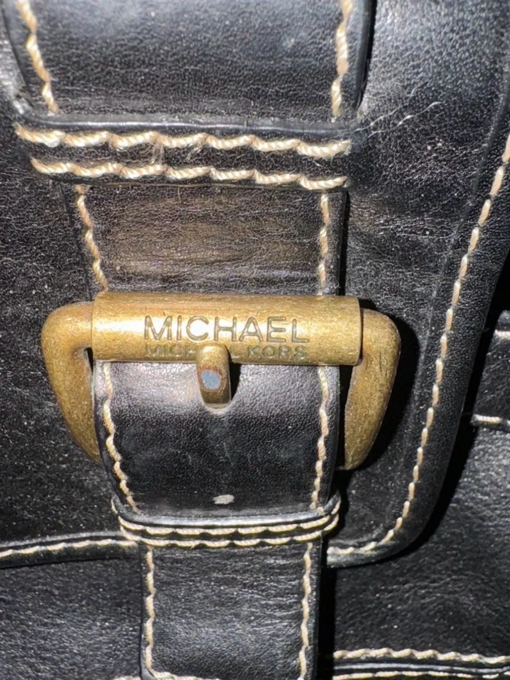 Vintage Michael Kors Black Leather Satchel with Brass Buckle